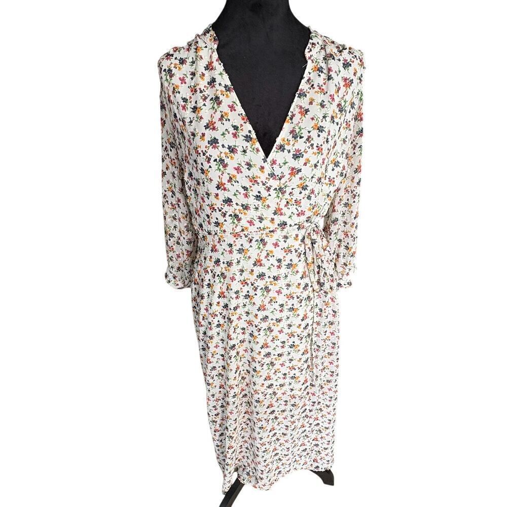 Azoe Floral Wrap Dress with Swiss Dot Detail – Size Small, Long Sleeve, Midi M